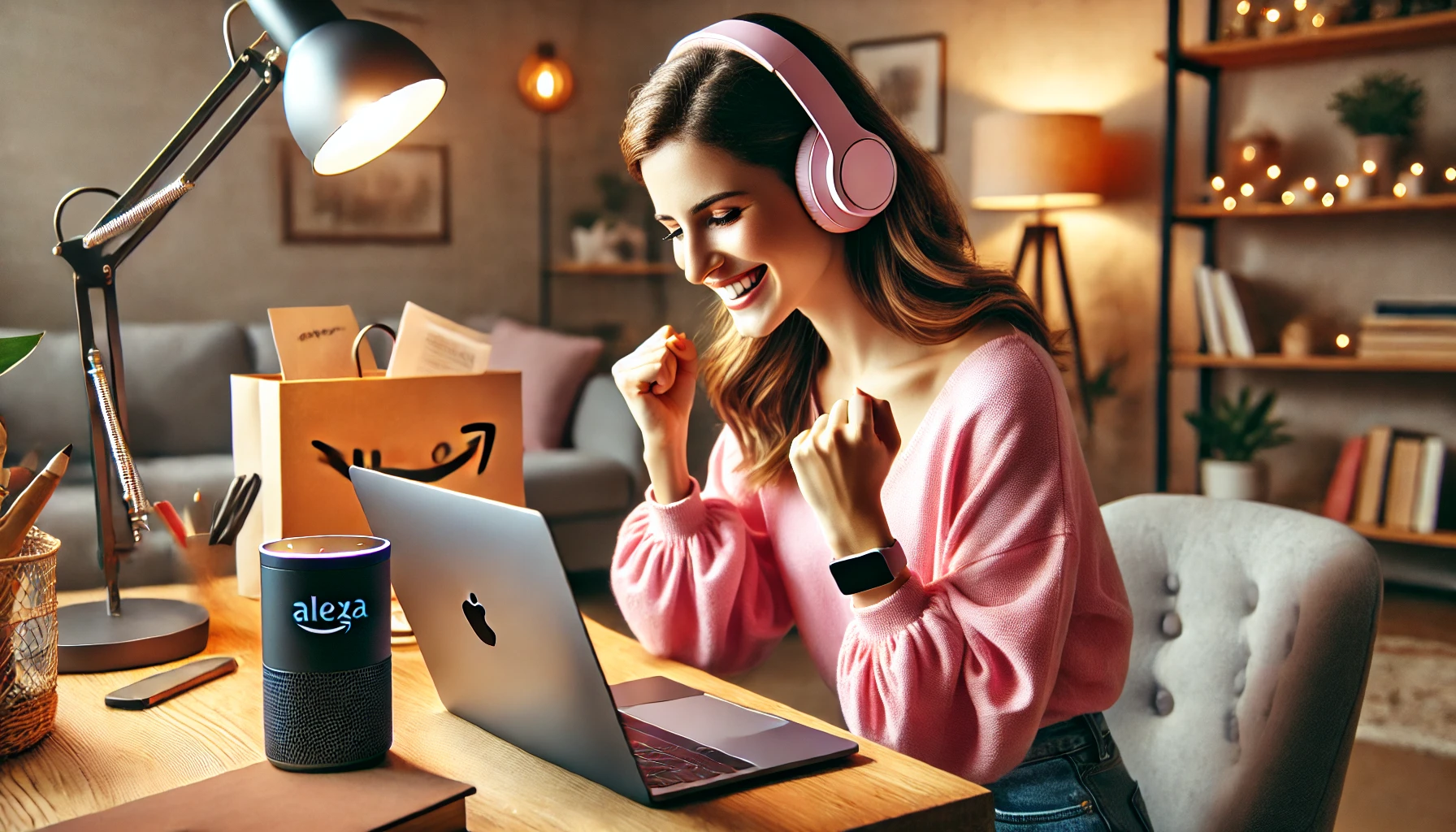 A joyful woman wearing pink shops for Amazon Prime Day deals on her MacBook at a stylish, well-lit home desk. She wears Bose headphones with an Alexa speaker on her desk, surrounded by elegant home decor.